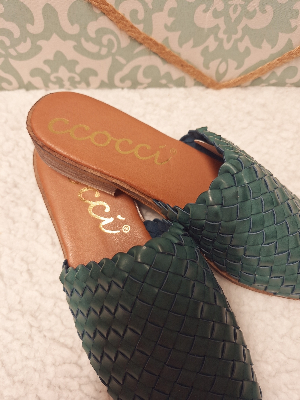 Green Woven Slip-On Mules 7.5